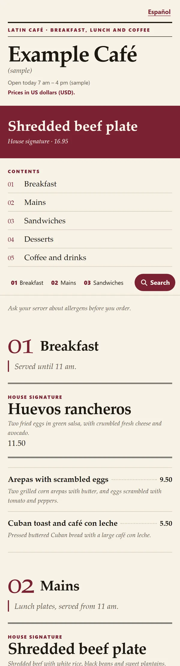 The opening of a sample café menu in the Restaurant Editorial style, on a phone