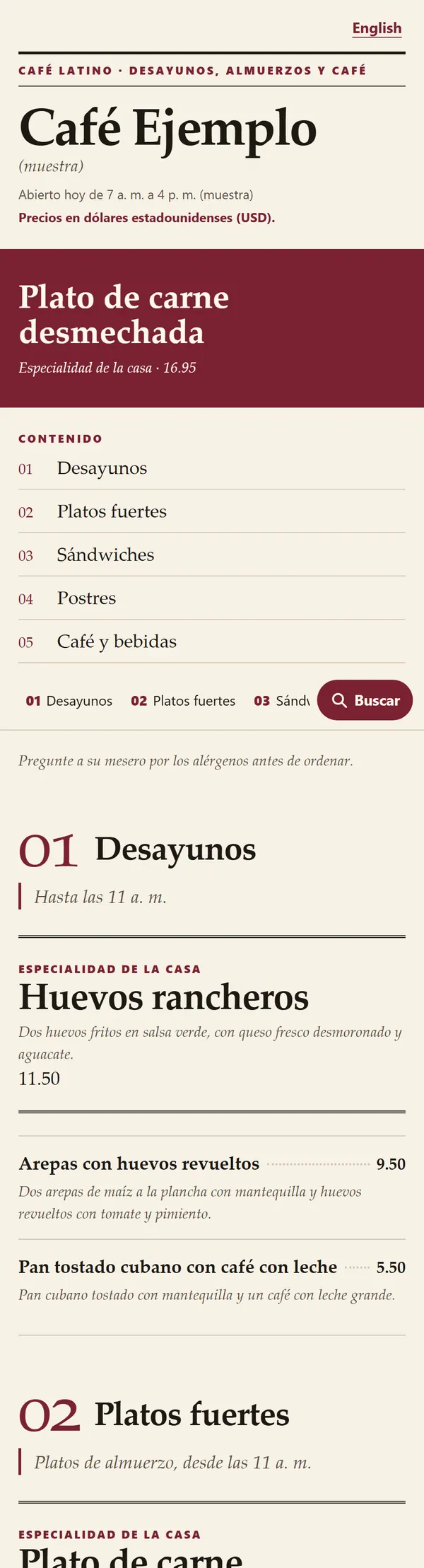 El inicio del menú de una cafetería de muestra en el estilo Restaurant Editorial, en un teléfono