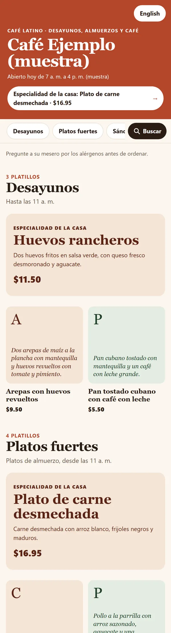 El inicio del menú de una cafetería de muestra en el estilo Food Spotlight, en un teléfono