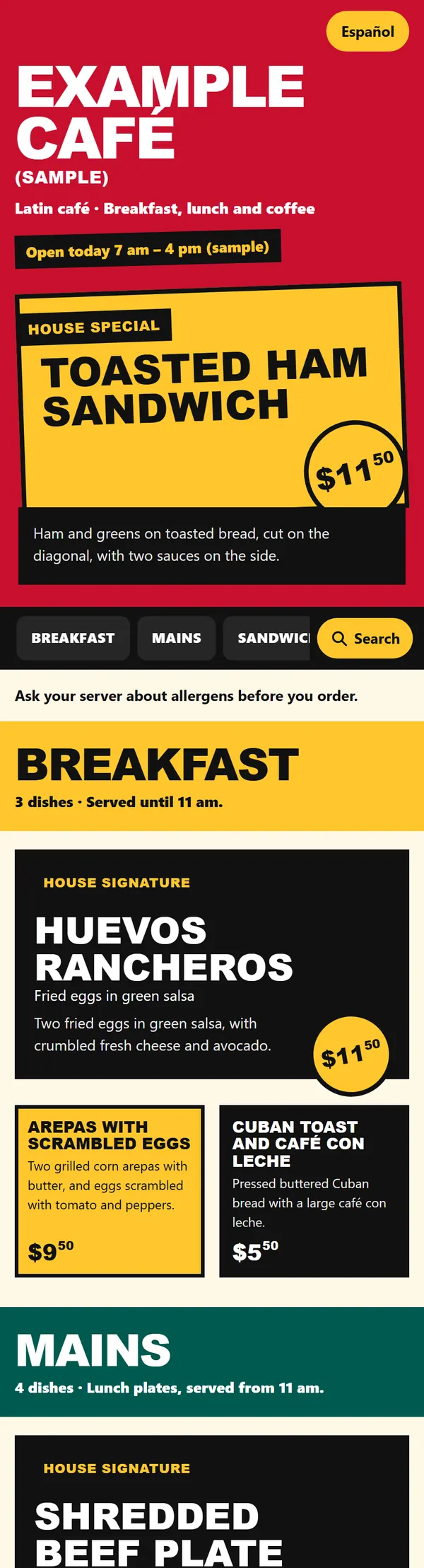 The opening of a sample café menu in the Bold Street style, on a phone