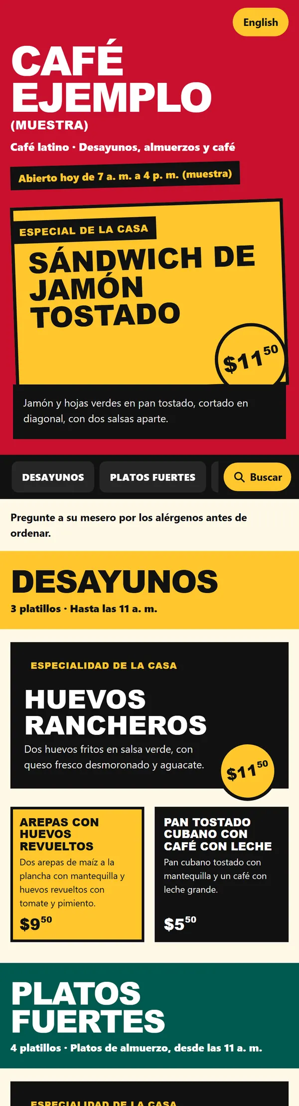 El inicio del menú de una cafetería de muestra en el estilo Bold Street, en un teléfono